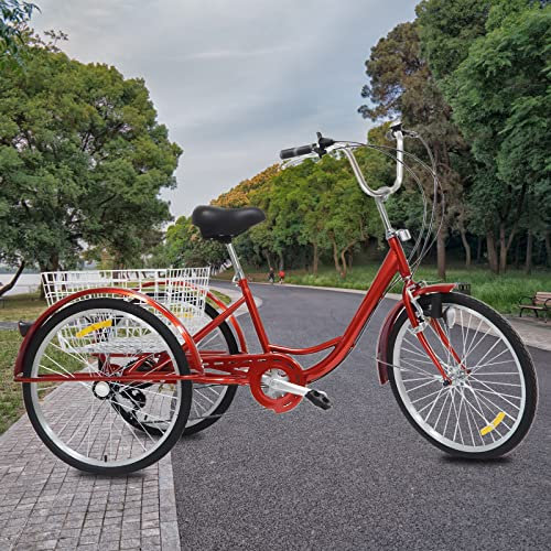 Adult Tricycle 24 In Tricycle 6 Speed Tricycle mit Korb Einstellbare 3 Rad Fahrrad Senior Dreirad Erwachsene Dreirad City Bikes mit Schutzblech, 120kg Max Last, Schleifen Rad Licht (Rot)