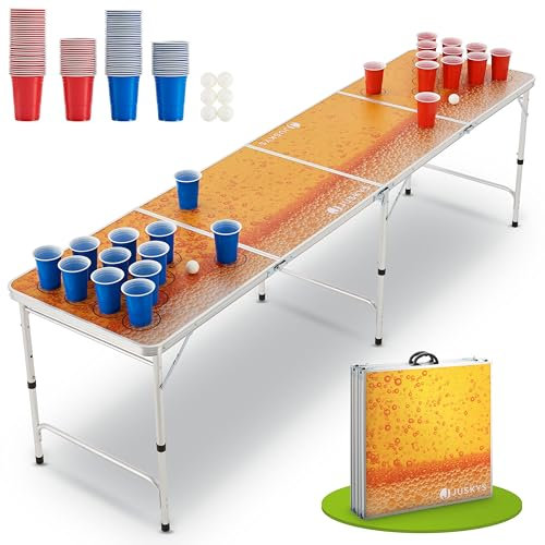 Juskys Partyspiel Tisch klappbar - Wurfspiel Set inkl. 100 Becher (50 Rot & 50 Blau) & 6 Bälle - Alu Gestell, bis 50 kg belastbar - Gelb, Orange