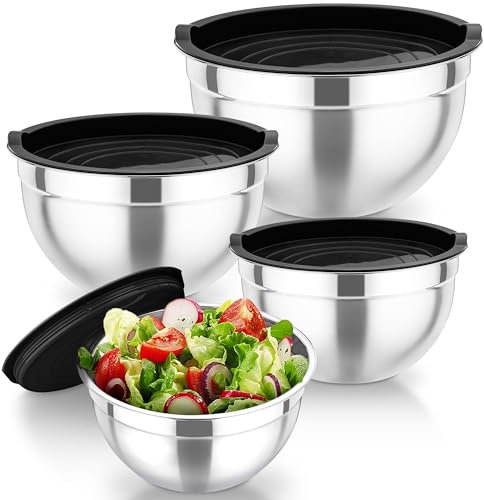 TEAMFAR Rührschüssel, 4 Stück Edelstahl Schüssel Salatschüssel mit Luftdicht Deckel, Schwarz Schüsselset für Küche, 4,5/3/1,5/1,2L, Spülmaschinenfest