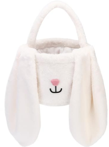 Sea Team Easter Bunny Basket for Eggs Hunt, Easter Eggs Bucket, Collector, Small Plush Tote Bag with Rabbit Ears for Kids, Easter Days Decoration, Party, Holidays, White