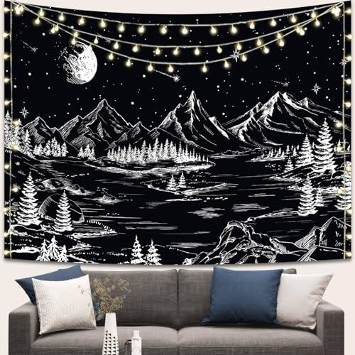Apdidl Black and White Tapestry Starry Night Mountain Tapestries for Bedroom Aesthetic Moon and Stars Tapastry's Wall Hanging Dark Nature Forest Wall Tapestry for Living Room Dorm (36 x 48)