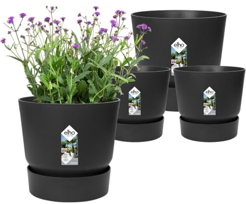 elho Greenville Rund - Blumentopf für Innen und Außen - Selbstbewässerungstopf - 100% Recyceltem Plastik - 4er Set - Ø 14, 16 cm - Schwarz/Living Schwarz