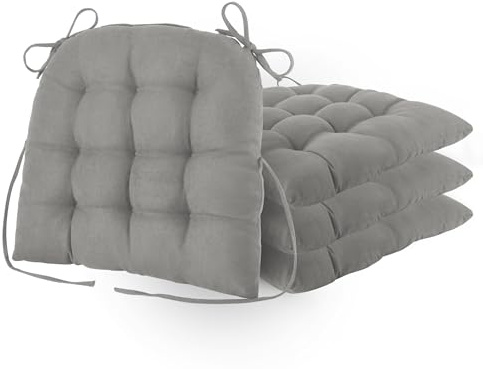 FlyGulls Non Slip Chair Cushions for Dining Chairs Thick Kitchen Chair Pads with Ties Tufted Dining Chair Cushions Set of 4 (Light Grey)