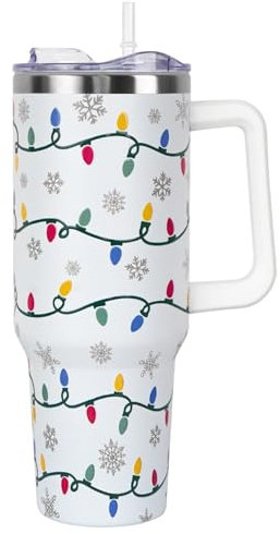 Christmas Tumbler with Handle and Straw Lid 40 oz,Cute Christmas Gifts for Women Xmas Lights Snowflakes Vacuum Insulated Leak Proof Tumbler,Winter Holiday Accessories Stainless Steel Coffee Cup Mug