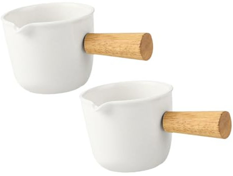 Ciieeo 2pcs Mini Porcelain Coffee Pitchers Wooden Handle Small Milk Jug Ceramic Syrup Dispenser for Coffee and Sauce Serving