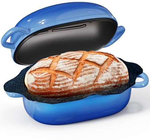 Horno de pan holandés de hierro fundido – Horno holandés de 2.5 cuartos de galón para hornear pan de masa madre, molde de pan de hierro fundido con forro de silicona antiadherente perforado, molde
