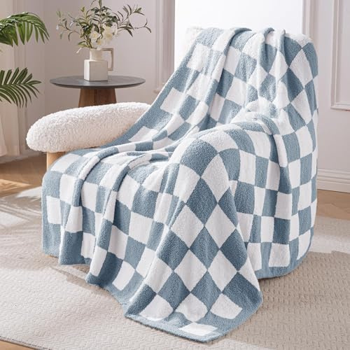 Exclusivo Mezcla Manta de Cuadros, Suave y Ligera, Reversible para Sofá y Cama, Todas Las Estaciones, 130 x 150 cm, Azul Piedra