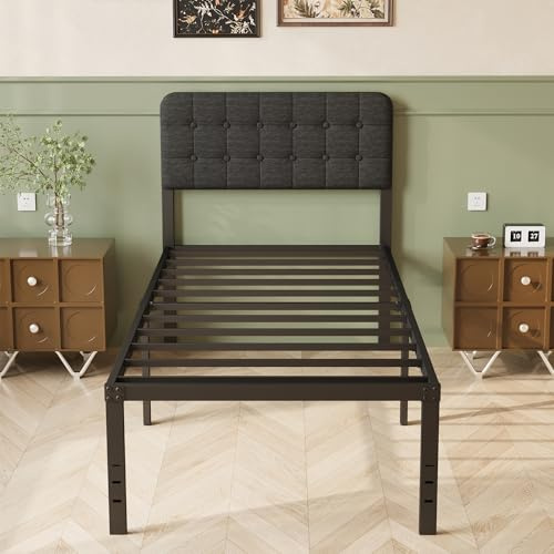 Lutown-Teen 90 x 200 cm Lit en Métal avec Tête de Lit Rembourrée Noire