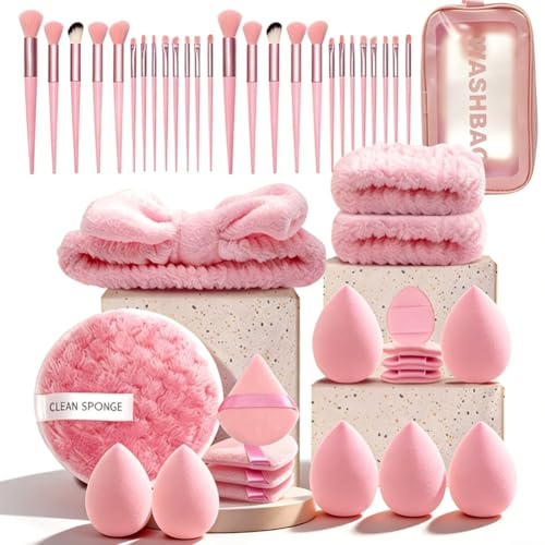 Brochas de Maquillaje Profesional con Difusores y Bolsa de Viaje, Pinceles Sintéticos Premium para Maquillaje en Polvo, Coloretes, Sombras de Ojos, Pinceles de Maquillaje (Rosa)