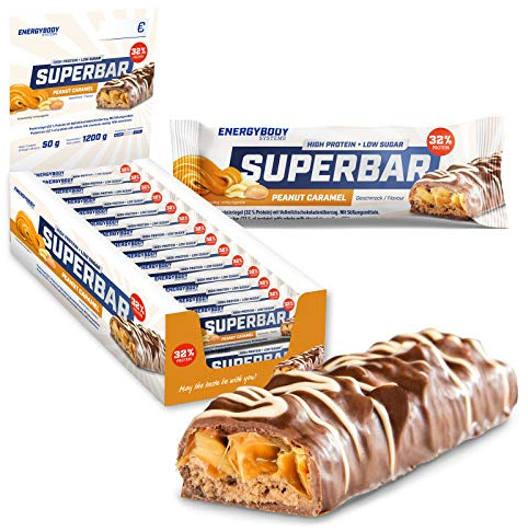 Energybody Superbar Proteinriegel Peanut Caramell 24x 50g / High Protein Riegel 32% Eiweiß - 2g Zucker/Eiweißriegel zuckerarm für Low Carb Ernährung/Protein Bars