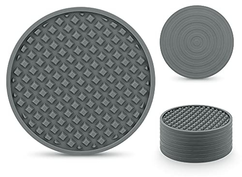 EAGMAK Coasters for Drinks Set of 8, Silicone Drink Coasters with Grooved Pattern, Non-Slip Base, Washable and Heat Resistant Coffee Coasters for Wooden Table, Desk, Kitchen, Office, Bar-Dark Grey