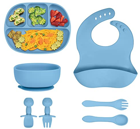 Aolso Babytallrik, set med 7 stycken halkfria porslinsset med sked, delad tallrik och haklapp, BPA-fri barnporslinsset silikon, bebistallriksskål för småbarn barn (blå)