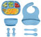 Aolso Vajilla Bebe Silicona, 7 piezas Juego Vajilla Bebe De Silicona con Babero Silicona Cuchara Bebe Silicona y Bol Ventosa Bebe y Plato Ventosa Bebe Dividido, Libre BPA Vajilla infantil, Azul
