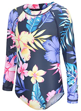 Maillot de bain une pièce à manches longues pour filles de 5 à 16 ans, floral/noir, 15-16 ans