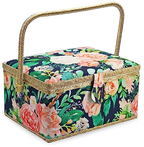NOTIONSLAND Nähset-Korb, großes Nähkästchen zur Aufbewahrung und Organisation, integriertes Nadelkissen und Innentasche, Geschenk für Weihnachten, Erntedankfest, Muttertag, Geburtstag (grüne Rose)
