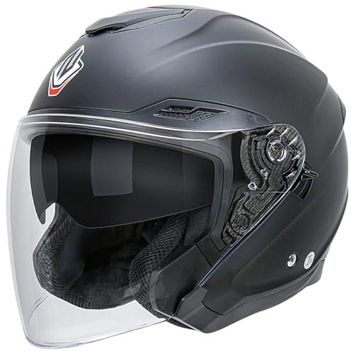 NENKI Rollerhelm für Motorradfahrer, Motorradhelm ECE 22.06, Jethelme mit Doppelvisier und Sonnenblende, Halbhelme für Damen Herren (Matt Schwarz, L)