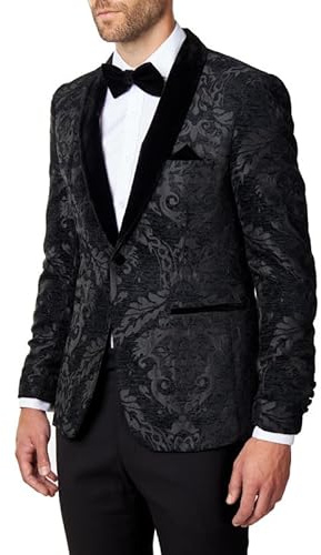 Men’s Black Floral Foliage Jacquard Jacket Tailored Fit Velvet Shawl Lapel Blazer [BLZ-311-BLACK-VELVET-46]