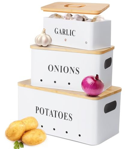 Otauoaea Kartoffel Aufbewahrungsbox, [3er Set] Zwiebeltopf Kartoffelbox Knoblauchtopf Stapelbar | Kartoffel Zwiebel Aufbewahrung mit Bambusdeckel | Belüftung Beschattung Frischeerhaltung (Weiß)