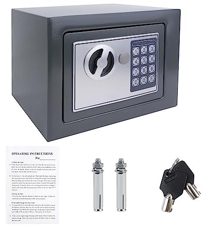 Cassaforte con serratura a combinazione e 2 chiavi, ignifuga, piccola cassaforte elettronica, per casa, ufficio, scuola, hotel, 23 x 17 cm, 4,6 l, grigio