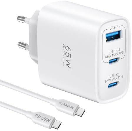 65W Cargador USB C 3 Puertos, Cargador Carga Rapida PD3.0 GAN Enchufe USBC Compatible con MacBook Pro, para iPhone 17/16/15, iPad Pro, Galaxy S25/S24, Pixel, Steam Deck DELL, Blanco con Cable Tipo C