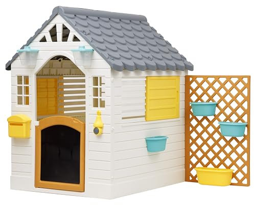 Baroni Toys Casa de jardín Infantil con Valla, casa de plástico con Puerta y Ventanas Que se abren, Timbre eléctrico y Pizarra, para niños de 2 años en adelante, 140x108x127 cm
