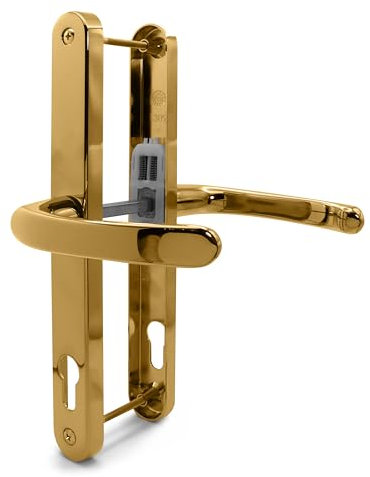 TSS Polished Brass UPVC Door Handle Pair Set, 92mm PZ (Centres), Sprung, Lever Lever, 240mm Screw to Screw (Screw centres), Backplate 270mm x 32mm - Replacement PVC Door Handle in Polished Brass