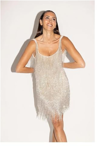 Vestido Flecos Vestido con borlas de lentejuelas, vestido con tirantes finos, vestido sin mangas con cuello cuadrado, vestido de noche Sexy sin espalda, vestido Midi sin mangas for mujer, vestido mora