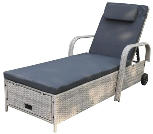 Calma Lux® Gartenliege Sonnenliege Rattanliege mit Stauraum neigbarer Rückenlehne Gartenmöbel Liege mobil mit Kissen, Polyrattan+Metall, 200 x 75 x 30-92 cm (Beige/Dunkel-grau)