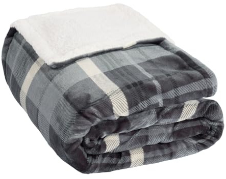 OHS Check Fleece Throws for Sofa, Winsford Check Blanket Throw with Sherpa Reverse Super Soft Warm Blanket for Bed Christmas Throws Living Room Bedroom - Grey, 130 x 160cm