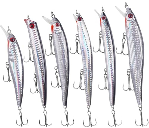 Lot de 6 leurres artificiels Wobbler Minnow - Leurres de pêche durs avec crochet de treillis - Leurres de natation de surf - Jerkbait Popper - Leurres de pêche pour striper basse, saumon, eau salée et