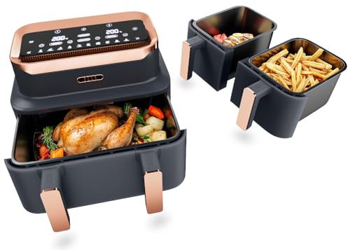 ELLE Dual Air Fryer Triple Air Fryer in Grey with Rose Gold, 10-in-1 Cooking Methods, Oil Free Cooking, Non-Stick & Dishwasher Safe, Smart & Match Cook (Triple Basket)