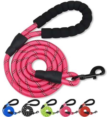 Chongning Rope Dog Lead with Soft Padded Handle and Carabiner Clip, Reflective for Night Safety, 150 x 1.2 cm, Rose Red