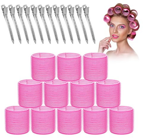 Thinp 12 Stk Lockenwickler Groß Locken,Kunststoff Lockenwickler Groß,Selbsthaftend Haftwickler,Hitzefreie Hair Rollers,Lockenwickler Set mit 12 Entenschnabelclips,für Lange Mittlere Haar Lockenwickler
