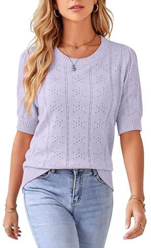 Timuspo Pull à manches courtes pour femme - Manches bouffantes - Élégant - Manches courtes - Pull à col rond - Décontracté