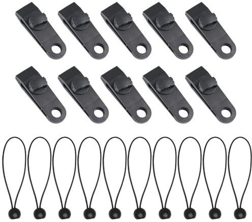 SGSCFG Clips De Carpa De 10 Miembros Y Cuerdas Elásticas Agrupadas De 10 Partes, Tensor De Toldo, Abrazaderas De Fijación De Tiendas De Campaña, Accesorios para Acampar Zelt, Tensor De Planificación.