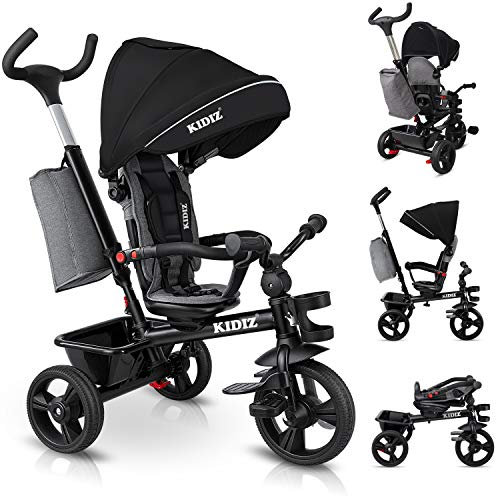 KIDIZ® Dreirad 6in1 Kinderdreirad mit Schubstange Lenkbar ab 9 Monaten bis 25Kg Jogger vorwärts & Rückwärtsfahrt, Korb Tasche Getränkehalter Sonnendach Gummiräder Buggy Fahrrad Baby Klappbar Schwarz