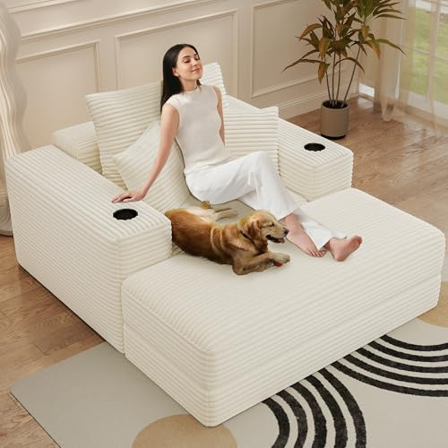 52 Boneless Chaise Lounge Chair Indoor — Oversized Cloud-Like Cozy Comfy Modular 3-in-1 Sofa Bed for Reading, Living Room & Bedroom Corduroy Couch Sleeper, Beige