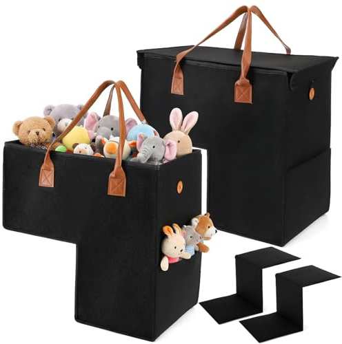 Yopay 2 Pack Stair Storage Baskets with Leather Handles, Upgraded Step Organizer Bin with Lid for Carpeted Wooden Stairs, Foldable Felt Basket with Supporting Insert for Books, Clothes, Office Supplie