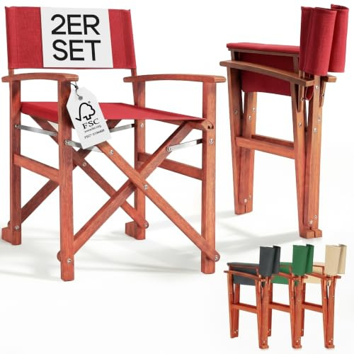 CASARIA Set of 2 Red Wooden Folding Directors Garden Chairs with Armrests | Eucalyptus Wood Frames and Fabric Seats for Patio Balcony Camping Decking Garden Furniture Outdoor Dining Events and Seating