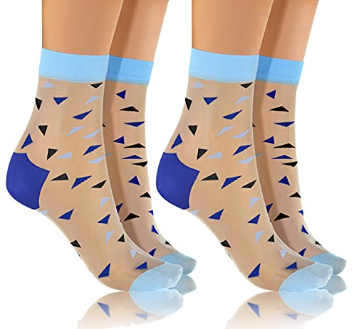 sesto senso Nylonstrumpor dam flickor mönster 2 par strumpor ultratunna, Beige blå trianglar, One Size