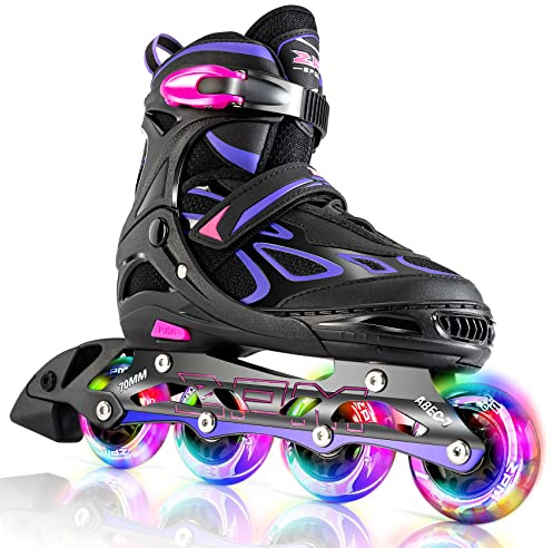 2PM SPORTS Vinal Girls and Boys Adjustable Flashing Inline Skates, All Wheels Light Up, Fun Illuminating for Kids and Women - Violet S