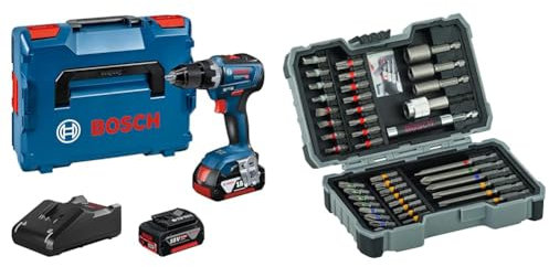 Bosch Professional GSR 18V-55 (2x 4,0 Ah Akku, in L-BOXX), Blau + 43tlg. Schrauber Bit Set Extra Hart (Kreuzschlitz-, Pozidriv-, Hex-, T-, TH-, S-Bit, Zubehör Bohrschrauber und Schraubendreher)