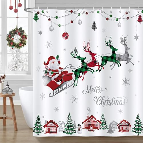 Bonhause Merry Christmas Shower Curtain, Santa's Sleigh, 72x72 Inch