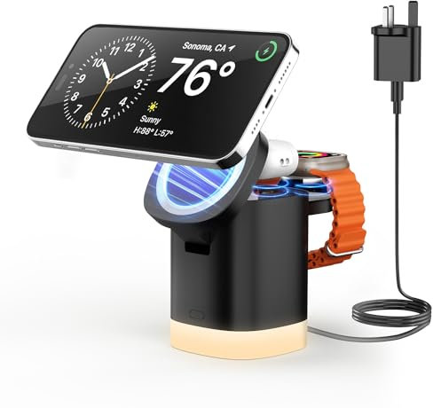 JoyGeek 3-in-1 Charger Stand for Magsafe, Foldable Wireless Charging Station with Night Lights, Magnetic Charger Dock for iPhone 17/16/15/14/13/12 Pro/Max, Air Pods 4-2/Pro, iWatch 2-11/Ultra (Black)