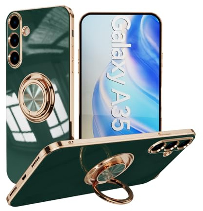 Phone Case for Samsung A35 5G Case Silicone 360°Rotatable Stand Ring Shockproof TPU Bumper Full Protective Skin Cover Slim Fit Kickstand Shell Case for Samsung Galaxy A35 5G, Dark Green
