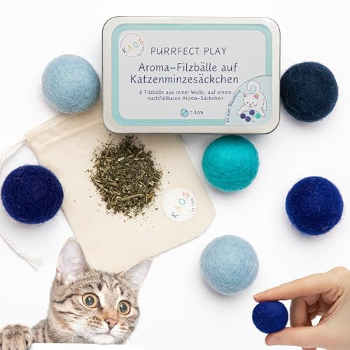 K.A.O.S by T&M Filzbälle für Katzen mit Katzenminze – Katzenspielzeug Selbstbeschäftigung im Set – 6 Spielbälle aus Wolle, aromatisiert mit Katzenminze