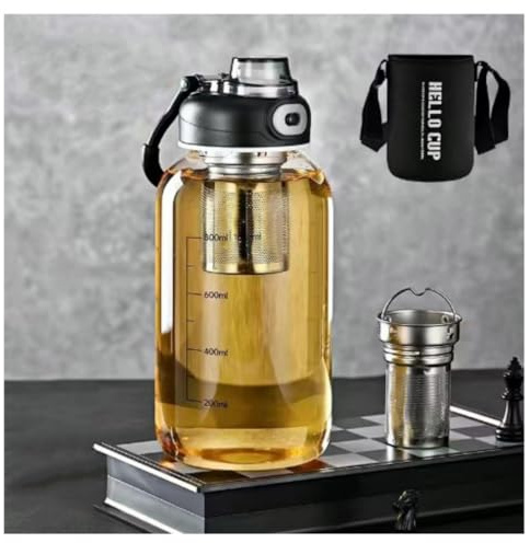 HOYUANSU Glass Tea Bottle with Infuser - 33oz Large Glass Tumbler with Lock Lid and Sleeve, Leakproof Sports Water Bottle with Direct Drink Spout for Gym, Home, Workout