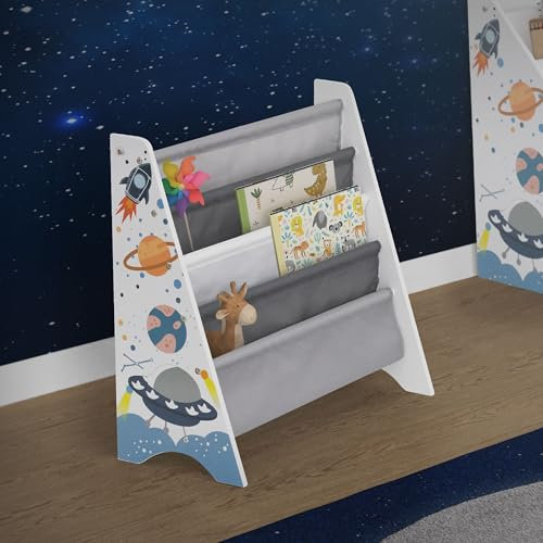 Joyz Kinder-Bücherregal mit 4 Hängefächern, Weltraum Motiv, 62,5x28x60,5 cm, Weiß, Holzwerkstoff, Kinderregal mit 4 Etagen, Kinderzimmer Regal, Kinder Aufbewahrungsregal Spielzeugregal Büchergestell