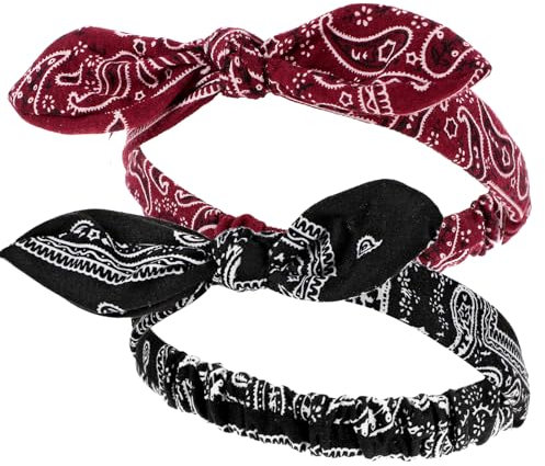 2 Stück Damen Haarband Dehnbar Boho Print Haarschmuck 90er Jahre Outfit Accessoires (Rot+Schwarz)