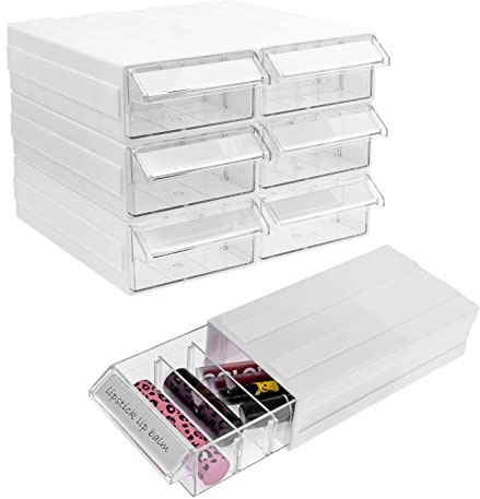 6 Pack Desktop Storage Box Organizer Drawer, Small Plastic Drawer Organizer Stackable Bins with Clear Dividers and Tag, Free Combination Compact Rack for Jewelry Craft Cosmetics(White)